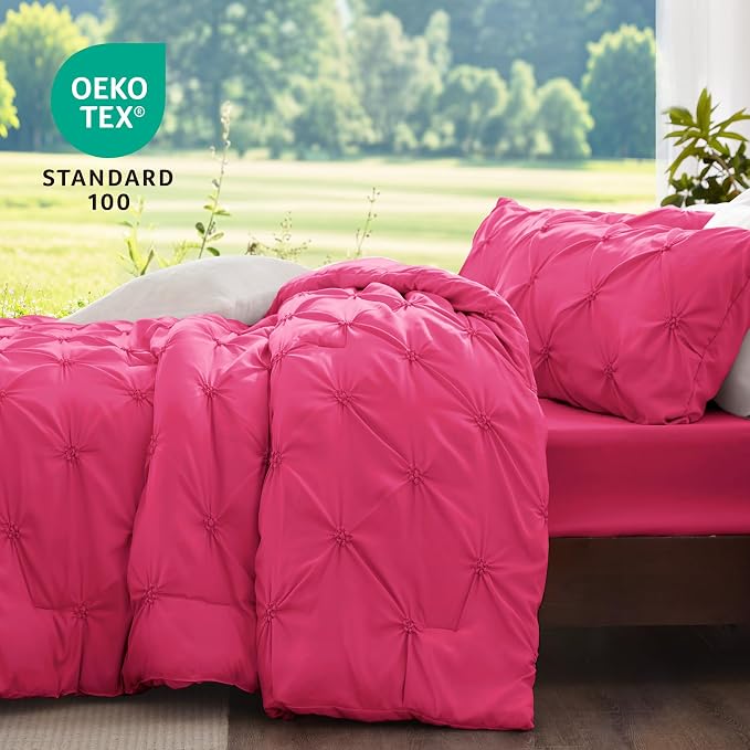 BEDELITE Queen Comforter Set Hot Pink,Lightweight & Soft Comforter | Pintuck Boho Bedding, Warm & Cute Bed Set for All Season,With 2 Pillowcases