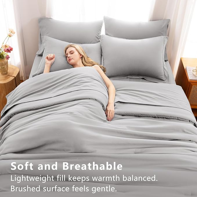 King Size Comforter Set French Grey, 7 Pieces Bed in a Bag King Comforter Set with Sheets, Bedding Sets with Down Alternative Comforter, Sheets, Pillowcases & Shams, Soft All Seasons Bed Set