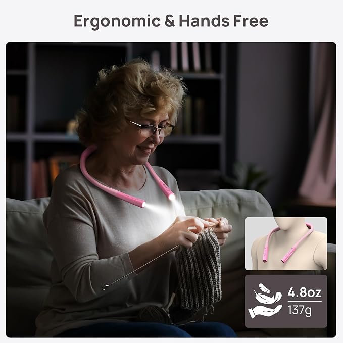 TROND LED Neck Reading Light, Bendable Neck Light for Reading, USB-C, Pink | 3 Color 3 Brightness Book Light for Reading, Flexible Arm with Outdoor Warning Lamp, Eye-Caring for Crochet,Book Lovers Gifts