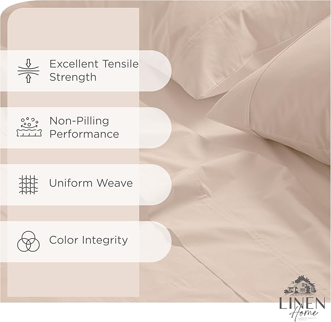 Linen Home 100% Cotton Percale Sheets Twin Size, Sand Shell, Deep Pocket, 3 Pieces Set- 1 Flat, 1 Fitted and 1 Pillowcase, Crisp Cool and Strong Long Staple Bed Linen