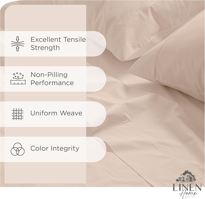 Linen Home 2-Pack Queen Sheet Set, 100% Cotton Percale Bedding, 8-Piece Value Bundle, Deep Pocket Cooling Bed Sheets for Hot Sleepers, Breathable & Crisp Hotel Quality, Long-Staple Cotton, Sand Shell