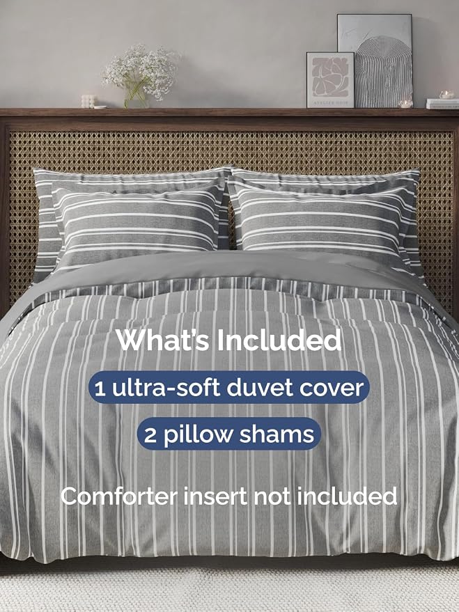 Duvet Cover Full Size - 3 Piece with Zipper Closure - Grey Stripes | Extra Soft, Breathable, Full Duvet Cover 80" x 90" with 2 Pillow Shams, Zipper Closures & Ties, Women, Men, Kids & Teens