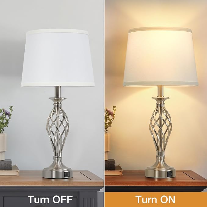 Table Lamp for Bedroom Set of 2 with USB C+A Ports,Modern Night Stand Lamps | Silver Bedside Lamps with Spiral Cage Base,White Fabric Shade,Lamp for Living Room Reading Bed Side End Table,Bulbs Included