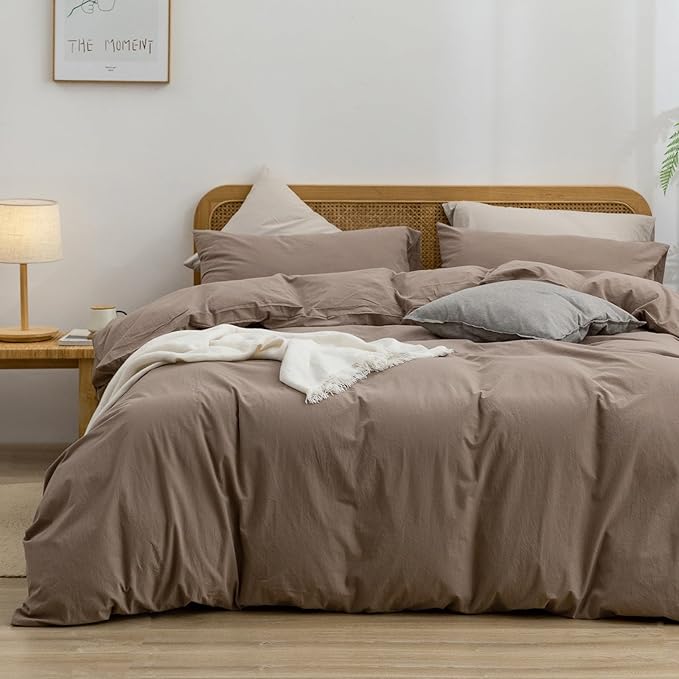 BESTOUCH Cotton Solid Duvet Cover Set Pine Bark Brown Oversized Full | 100% Washed Cotton, Soft Wrinkle Texture, Hidden Zipper, 8 Ties, Breathable Lightweight Durable Comfy, 3 Pcs No Insert
