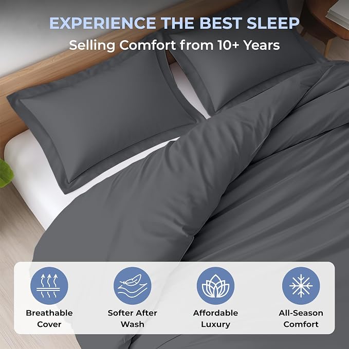 3 Pc Duvet Cover King Size Set-100% Egyptian Cotton Ultra Soft Premium Durable Comforter Cover Zipper Closure & Corner Ties - (Dark Grey, 104" X 94")