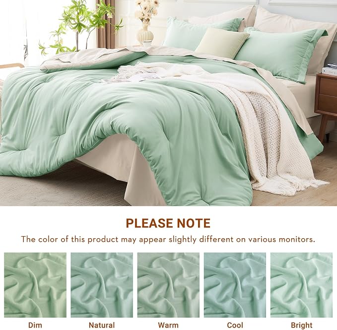 7 Pieces Queen Comforter Set, Soft Bed in a Bag Queen Size, All Season Bedding Set with Comforter, Flat Sheet, Fitted Sheet, Pillowcases & Shams, Sage Green & Beige