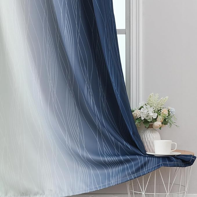 Sage Green and Navy Blue Ombre Blackout Curtains for Living Room 90 Inch | Estelar Textiler Thermal Insulated Drapes for Bedroom,Full Room Darkening Gradient Grommet Window Drapes,52Wx90L,2 Panels