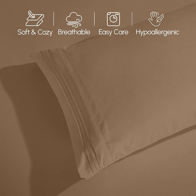 Elegant Comfort Luxurious 1500 Premium Hotel Quality Microfiber Three Line Embroidered Softest 5-Piece Bed Sheet Set, Wrinkle and Fade Resistant, Split King, Taupe