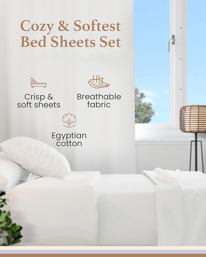 Good Sleep Bedding 100% Egyptian Cotton Sheets Queen Size, 4 Piece Silky Sateen Weave Queen Bed Sheets, Ultra-Soft & Durable Hotel Luxury, 16 Inch Deep Pocket Queen Sheets - White