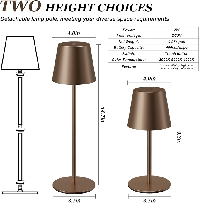 Kakanuo Brown Cordless Table Lamp Rechargeable, Battery Operated | 2 Pack 5000mAH Battery, 3 Color Stepless Dimming, for Dining Table, Kitchen Counter, Outdoor Patio, Touch Control