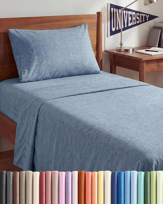 Twin XL 3 Piece Sheet Set - College Dorm Room Essentials - Heathered Blue | Deep Pocket Bed Sheets for Women, Men, Teens & Students, Soft, Cooling, Breathable & Wrinkle Free, Oeko-Tex Bed Sheet Set