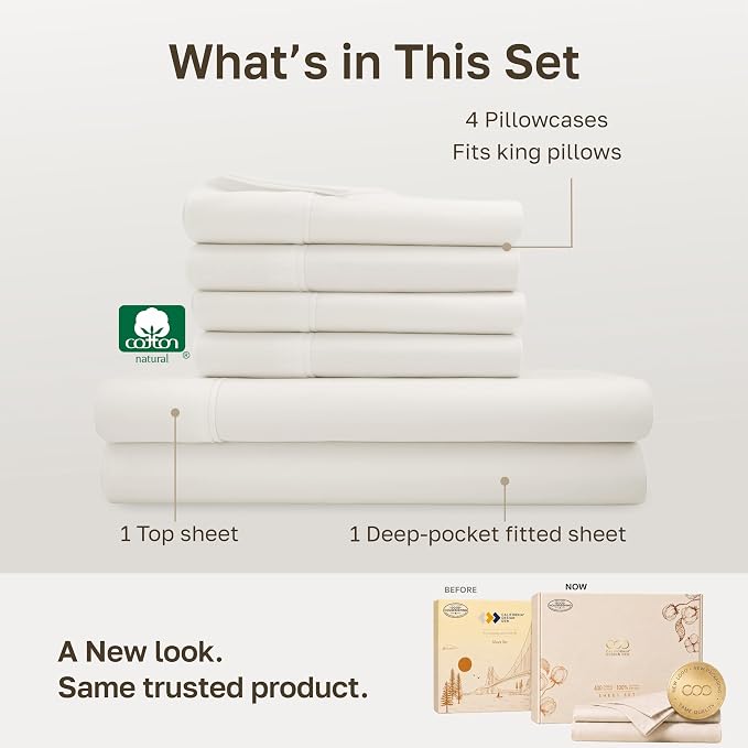 California Design Den 100% Cotton Sateen King Sized Sheets, 6 Pc Set | 6 Pcs with 4 Pillowcases, 400 Thread Count Backed by Good Housekeeping Seal, 16" Deep Pocket, Durable - Ivory (Pale Tone)