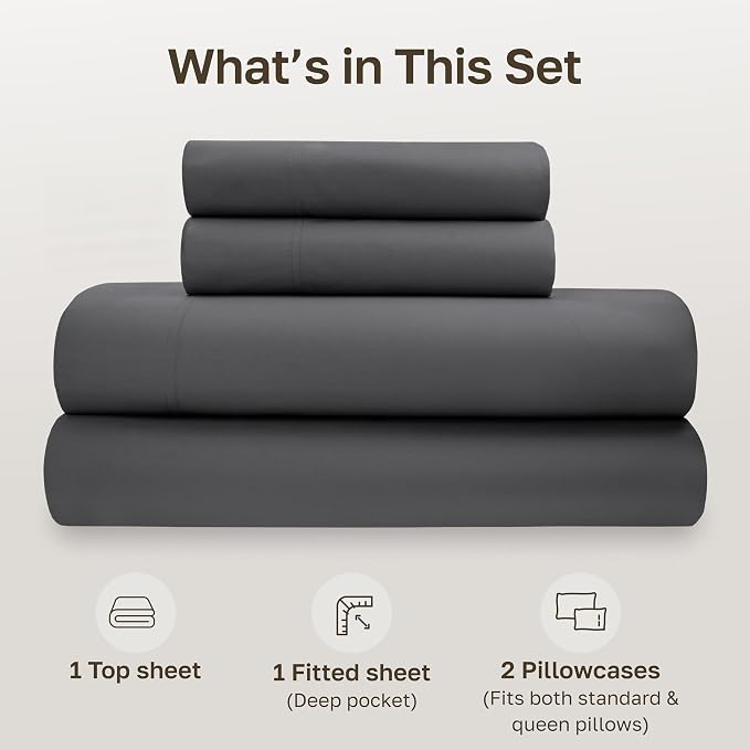 California Design Den 100% Organic Cotton Queen Size Sheet Set, 4 Pcs, Grey | GOTS Certified, Lightweight Crisp & Airy Percale For Hot Sleepers, 15" Deep Pocket, All-around Elastic, Easy Care