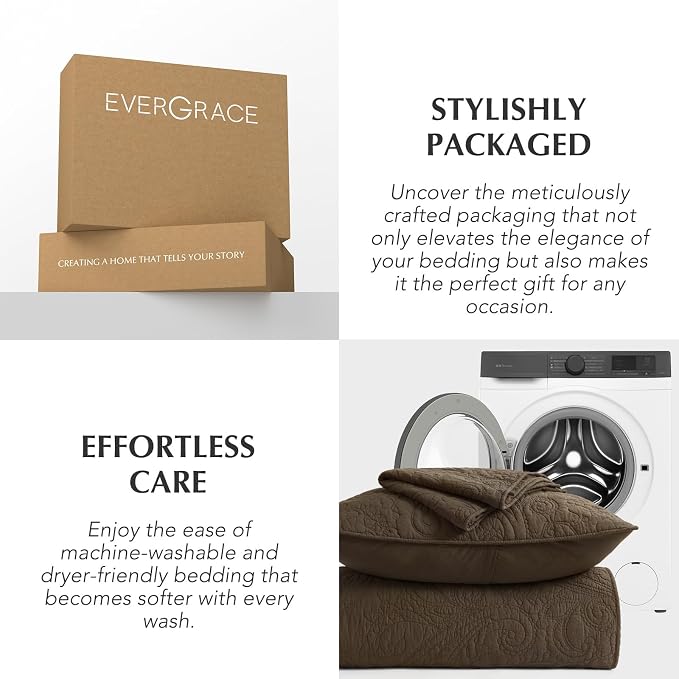 EVERGRACEHOME 100% Cotton Paisley Quilt Set, Queen Size, Cocoa Brown | Prewashed for Softness, Year-Round Breathability, Gift-Ready Box, Matelasse-style Quilted Coverlet, 3 Piece Set with 2 Shams