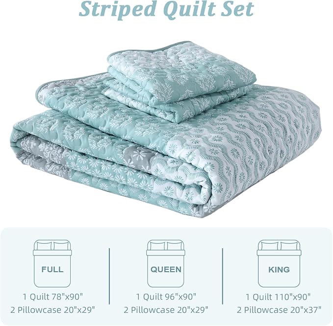Cottolester Boho Full Size Quilt Set,Teal Striped Bedspread Bedding | Soft Microfiber Coverlet,Breathable All-Season,Machine Washable,3-Piece Set,Fits King 90"x78",Cozy Essential for Men Women