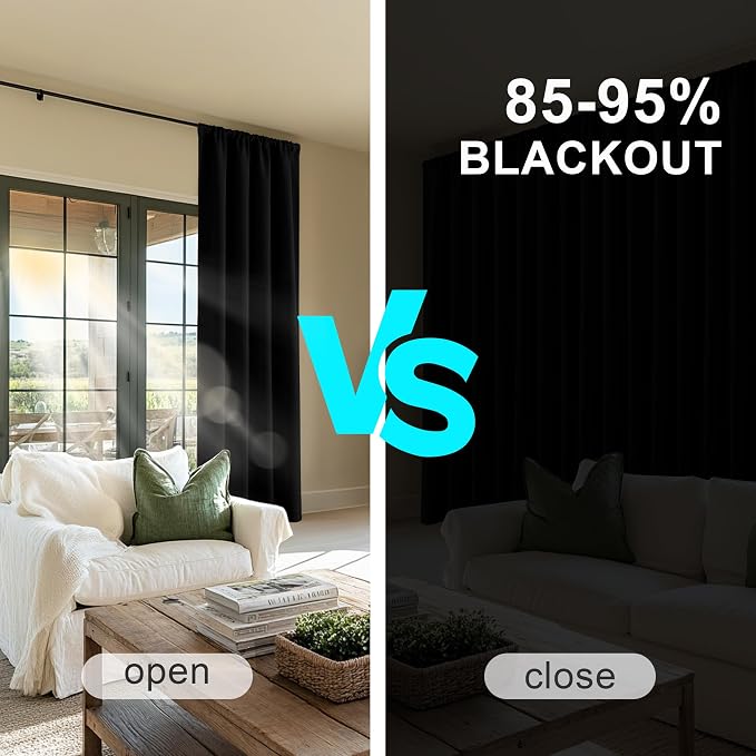 PONY DANCE Short Black Out Curtains 48 inch Long for Small Window, 2 Panels | Rod Pocket Privacy Bathroom Draperies,Thermal Insulated Lighting Blocking Drapes for Basement(Black, W42 x L48 inches)