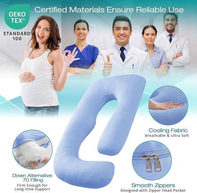 Cooling Pregnancy Pillows for Sleeping, 65'' Full Body Pillow, Light Blue | Sasttie Maternity Pillow, OEKO-TEX, Down Alternative, Removable Cover, Pregnant Women Must Haves, Maternity Essential