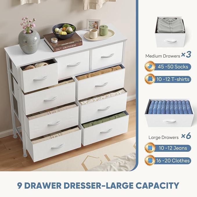 DUMOS 9 Drawer Dresser for Bedroom, Storage Organizer Chest of Drawers | Fabric Bins Storage Tower with Sturdy Metal Frame, Wood Tabletop for Closet, White