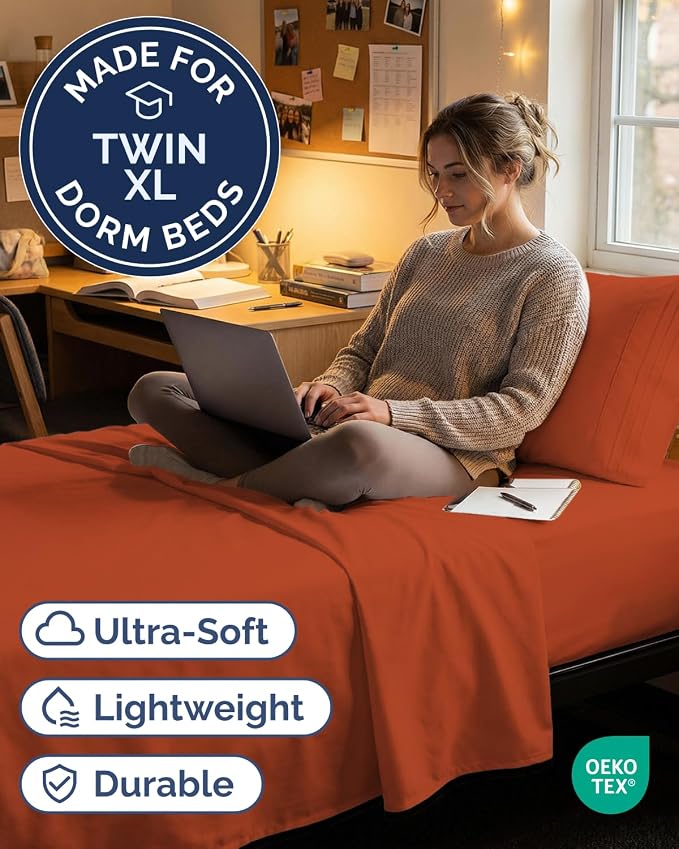 Twin XL 3 Piece Sheet Set - College Dorm Room Essentials - Terracotta | Deep Pocket Bed Sheets for Women, Men, Teens & Students, Soft, Cooling, Breathable & Wrinkle Free, Oeko-Tex Bed Sheet Set