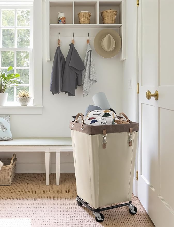StorageWorks 160L Laundry Basket with Wheels, Rolling Hampers for Clothing | Light Kahki Laundry Basket with Wheels, Metal Frame & Handles, Rolling Hamper for Bedroom, Bathroom, Dorm, Hotel