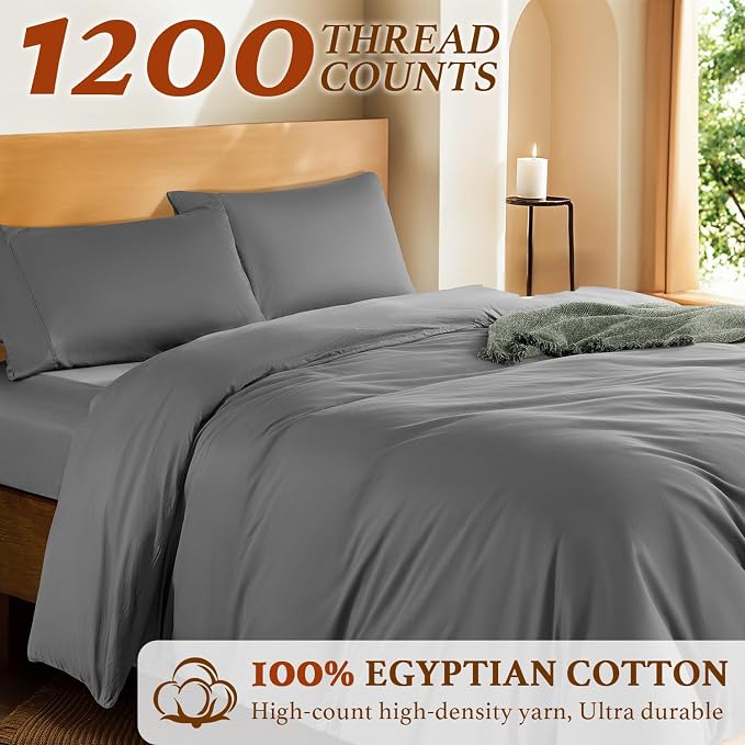 DEITAS 100% Cotton Queen Duvet Covers 3 Piece,1200 Thread Count，Grey | Luxury Egyptian Cotton Comforter Cover With Zipper Closure, Ultra Cooling Breathable, Hotel Bedding Duvet Covers