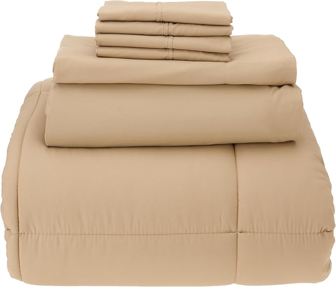 Sweet Home Collection 7 Piece Comforter Set Bag Solid Color All Season Soft Down Alternative Blanket & Luxurious Microfiber Bed Sheets, Taupe, Full