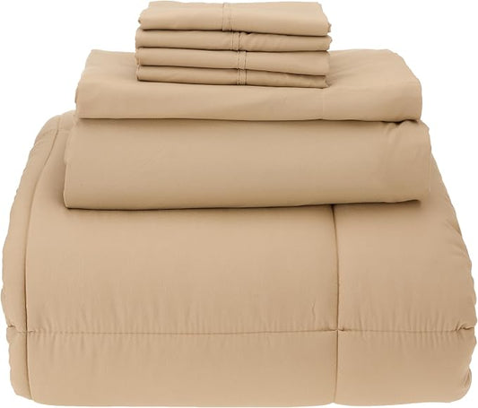 Sweet Home Collection 7 Piece Comforter Set Bag Solid Color All Season Soft Down Alternative Blanket & Luxurious Microfiber Bed Sheets, Taupe, Full