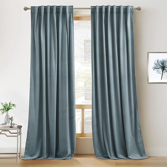 RYB HOME Velvet Curtains 80 inches Long for Living Room Bedroom, Back Tab | Thermal Insulated, Privacy Assured, Luxurious Home Decor, Covers for Doorway Closet, W52 x L80, Stone Blue, 2 Panels Set