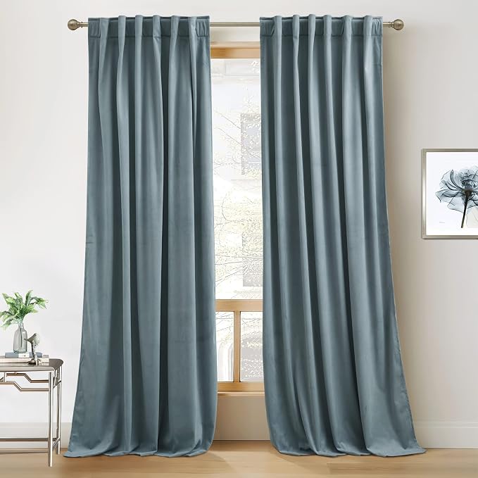 RYB HOME Blue Velvet Curtains 90 inches for Bedroom Living Room | Thermal Insulated, Privacy UV Block, Noise Reducing, Energy Saving, Luxury Window Decor for Dining Room, W52 x L90, 2 Panels