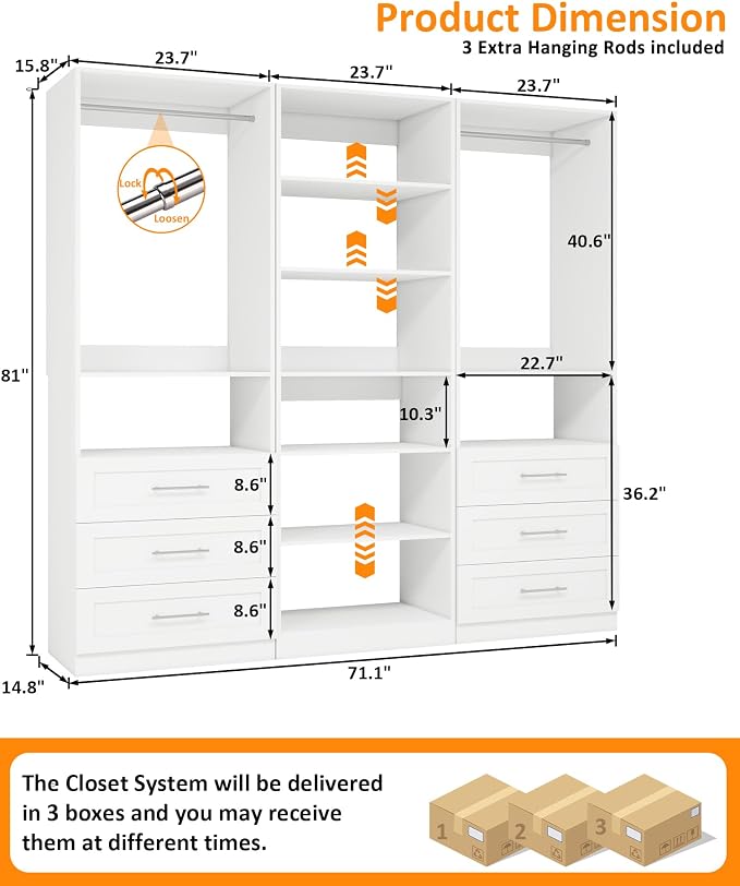 Closet System with 3 Sets, 6–15 FT Closet Organizer System with 6 Drawers, 8 Shelves & 5 Rods, Walk-In Modular Closet System, Custom Built-In Closet Kit, White