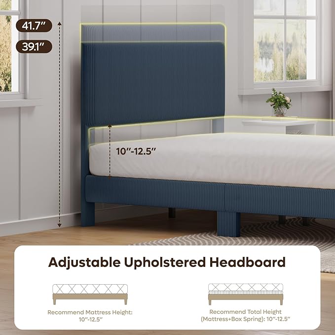 Bestier Full Bed Frame with Adjustable Headboard,LED Light,Blue | Vertical Channel Corduroy Upholstered,Easy Assembly,LED Lighting Headboard,No Squeaks,Wood Slats Support,No Box Spring Needed