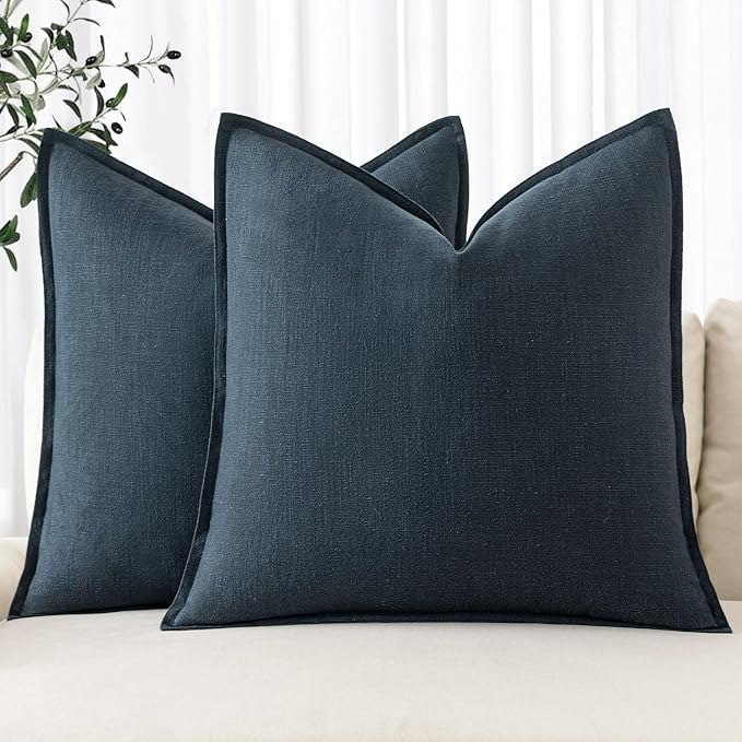 MIULEE Decorative Linen Euro Sham Pillow Covers 24x24 Deep Blue | Boho Farmhouse Neutral Couch Throw Pillows for Bed, Pack of 2 Accent Coastal Modern Pillowcases, Sofa Livingroom Home Decor