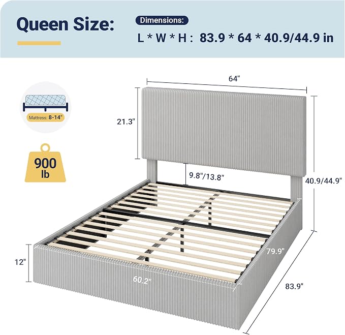 Allewie Queen Bed Frame, Adjustable Corduroy Headboard, Platform, Grey | Adjustable Headboard, Corduroy Fabric, Low Profile, Wooden Slats, 900 lb Capacity, No Box Spring Needed