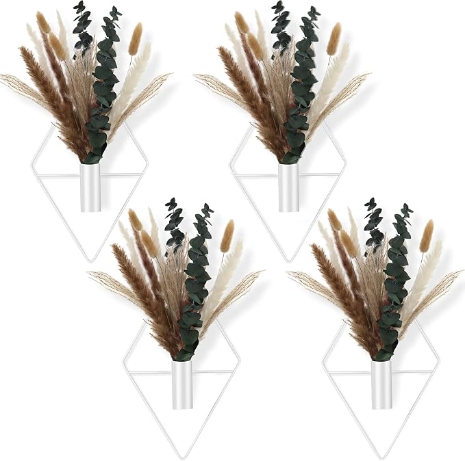 Jexine 8 Pcs Hanging Planters with Artificial Pampas Metal Hanging Vase Indoor Plants Holder Modern Geometric Boho Bathroom Wall Decor for Living Room Home Office(White)