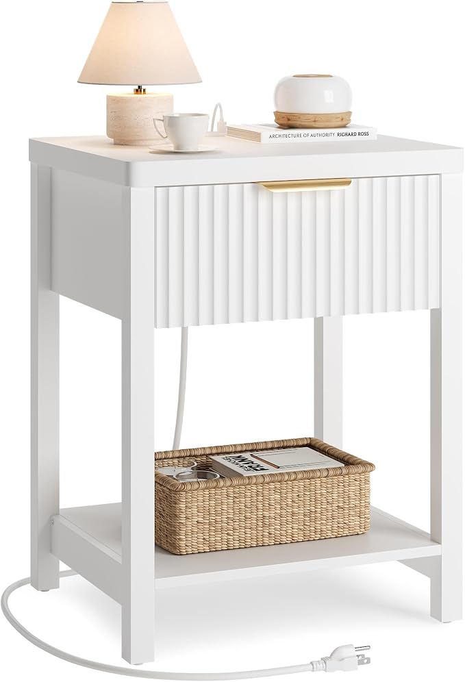 Night Stand Set 1, Fluted Wood Bedside Table w/Socket Station for Bedroom | White, Storage Drawer, Open Shelf, Metal Silent Rails, Round Corners, Modern Fluted Panel, Living Room, Bedside Table