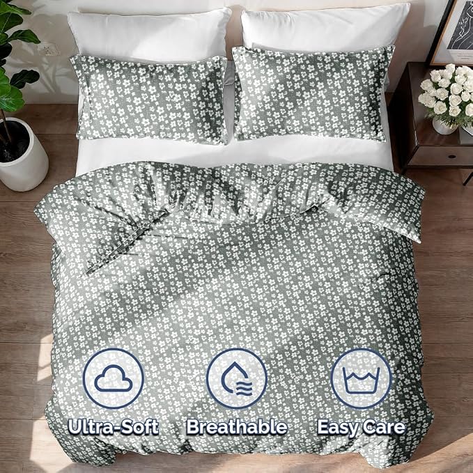Duvet Cover Queen Size - Floral Duvet Cover - 3 Piece - Green Meadow | Soft Floral Duvet Cover 90 x 90 with 2 Pillow Shams, Zipper Closures & Ties, Floral Bedding for Women, Men, Kids & Teens