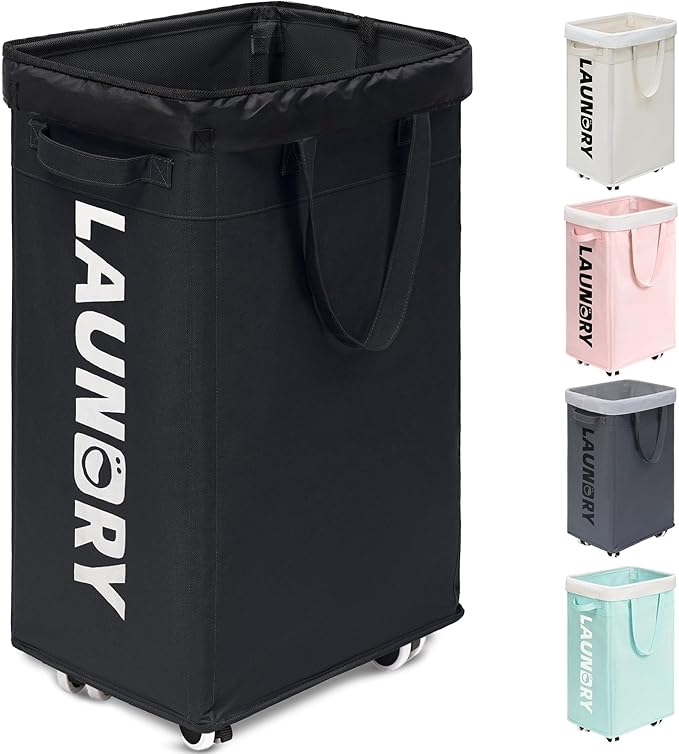 Goodpick 75L Roling Dirty Clothes Hamper with Removable Wash Bag for Dorm | Black Rolling Laundry Hamper with Wheels and Handles for Dirty Clothes, Fodable Hamper for Laundry Room