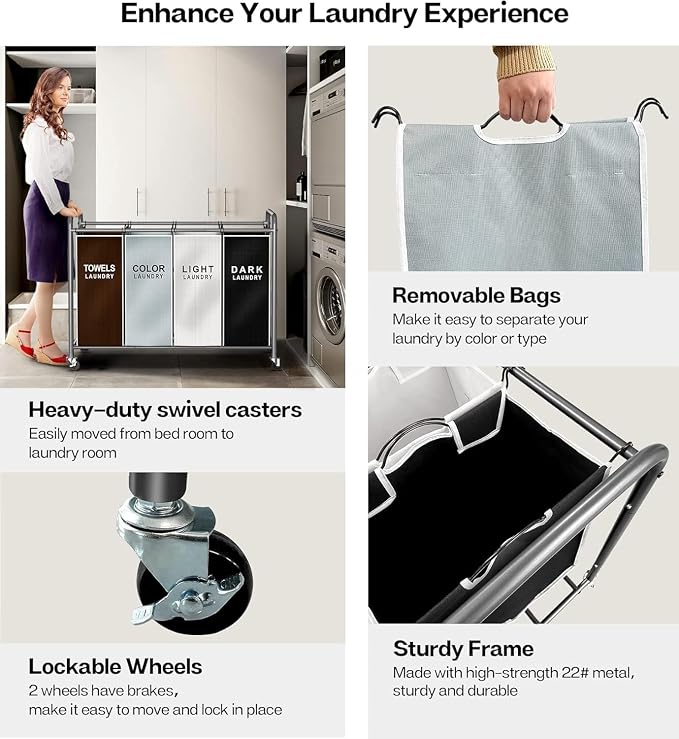 ROMOON Laundry Hamper Sorter Cart, 4-Section Organizer with Lockable Wheels | Heavy-Duty 180L Rolling Laundry Basket with Removable Bags for Dirty Clothes in Laundry Room or Small Spaces, Multicolor