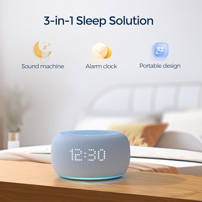Buffbee Pro 2nd Gen| Sound Machine, Alarm Clock with Bluetooth Speaker | Upgraded Rechargeable Battery, White Noise Machine with 25 Sleep Sounds, Portable for Travel & Bedroom (Cloud Blue)