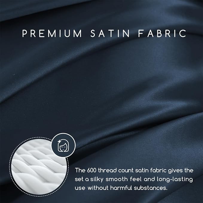 MR&HM Satin Sheets Full Size with Elastic Corner Straps, Mood Indigo | Similar to Silk, 4-Piece Silky Soft Bed Sheet Set, Gentle on Skin and Hair, 15" Deep Pocket, Cooling & Breathable