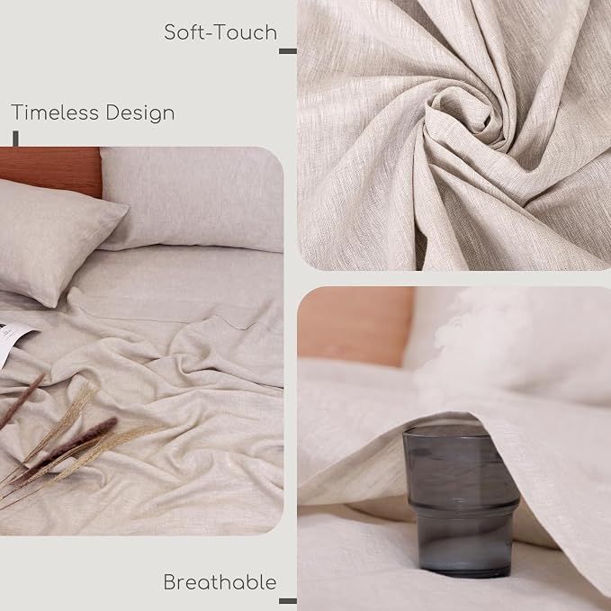 100% Linen Sheets Set King Size, Natural Pure Flax 4 Piece Bed Sets, 16" Deep Pocket, Breathable Cooling Bed Soft Durable Bedding, Machine Washable (Linen,King)