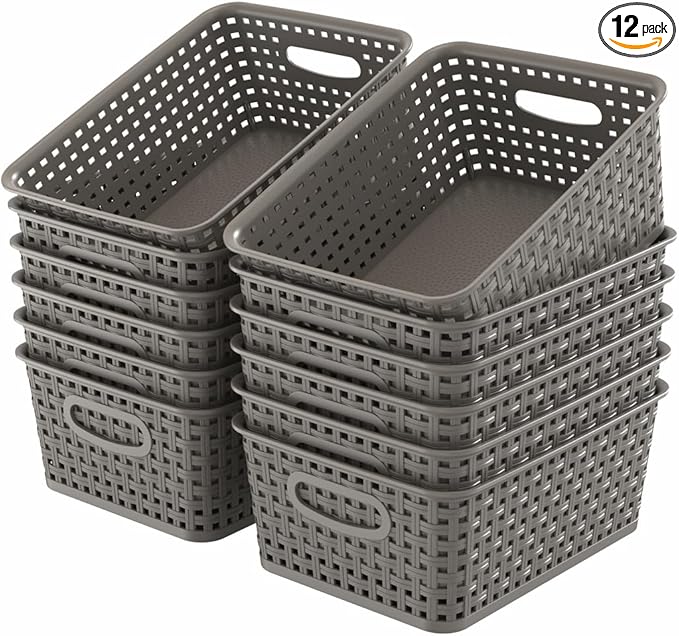 WYT 12-Pack Plastic Small Shelf Storage Weave Baskets for Organizing, Grey