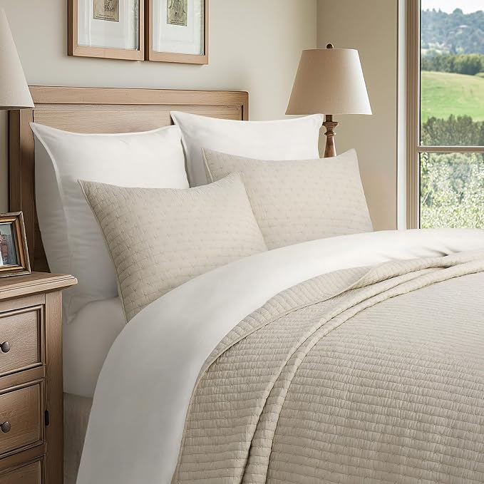 100% Cotton Cross Stitch 3-Piece Quilt Set, 118"x106", Flax Beige | Cross Stitch Cotton Quilt, Pre-Washed Bedding Set, Oversized Lightweight Bedspread Coverlet, for All Season, with 2 Shams