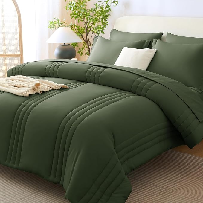 Full Size Comforter Sets Olive Green- 7 Pieces Bed in a Bag | OEKO-TEX Certified, 240GSM Down-Alternative Comforter, 14" Deep-Pocket Sheets, Shams & Pillowcases, Lightweight