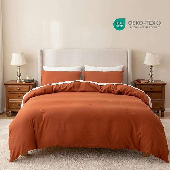 HeimenAogo Egyptian Cotton Duvet Cover Set California King, Ultra Soft and Breathable Comforter Cover with Zipper Closure, High Thread Count Long Staple Cotton Blanket Cover 3pcs, Burnt Orange