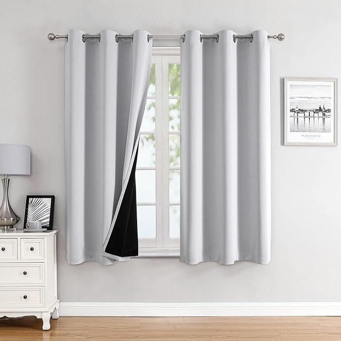 ChrisDowa 100% Blackout Curtains for Bedroom 63 Inches Long 2 Panels Set | 2 Thick Layers, Thermal Insulated, Light Blocking, Grommet, Window Treatment, Living Room Drapes, Greyish White, 42 x 63 Inch