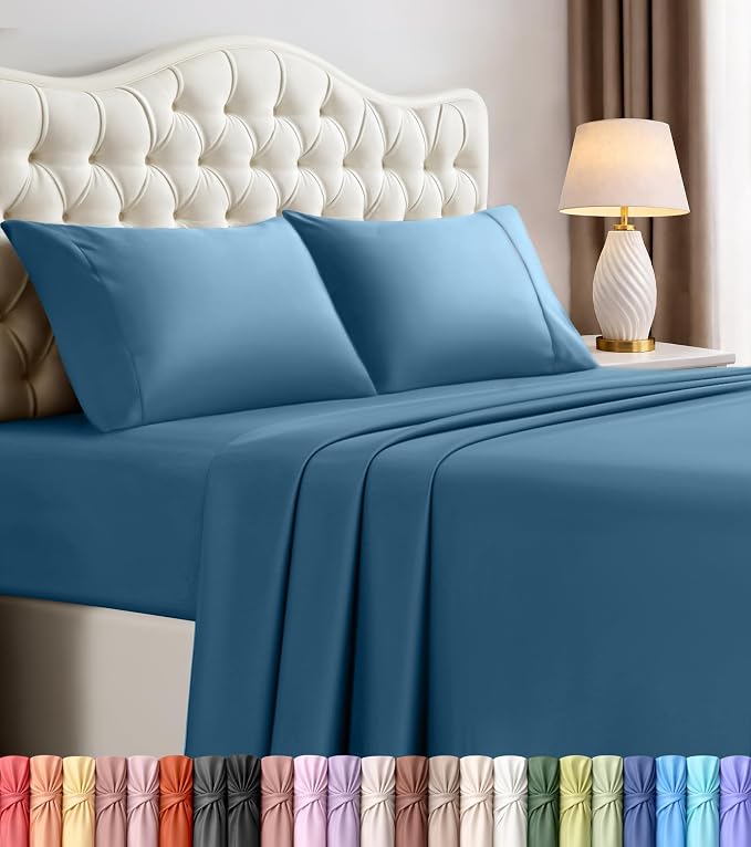 California King Sheets Set, 4 Pieces 16" Deep Pocket Bed Sheets, Dusk Blue | Extra Soft Bedsheet Set, Comfy & Breathable Cooling Sheets, Wrinkle & Fade Resistant, Fitted Sheet, Flat Sheet, 2 Pillowcases