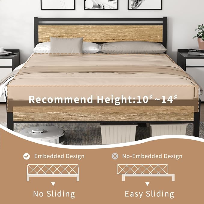 Easy Install 16 Inch Queen Size Bed Frame with Headboard&Footboard | Large Under Bed Storage, No Box Spring Needed, Non-Slip Without Noise, Sturdy Steel Frame, Mattress Foundation, Walnut