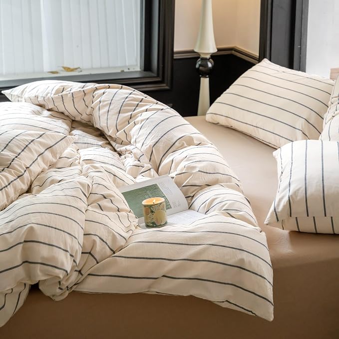 Striped Comforter Set Queen Size Grey Stripes Pattern Printed Comforter 3 Pieces Lightweight Boho Bedding Comforter Set for All Seasons Breathable Soft Fluffy Beige Comforter with 2 Pillowcases