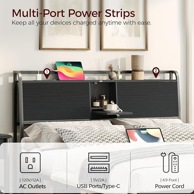 MAHANCRIS Headboard King Size with 2 Power Strips and Flip Door Storage | Industrial King Headboard with Adjustable Bed Frame Adapters, 95° Backrest, Easy Assembly, Sturdy Construction, Black